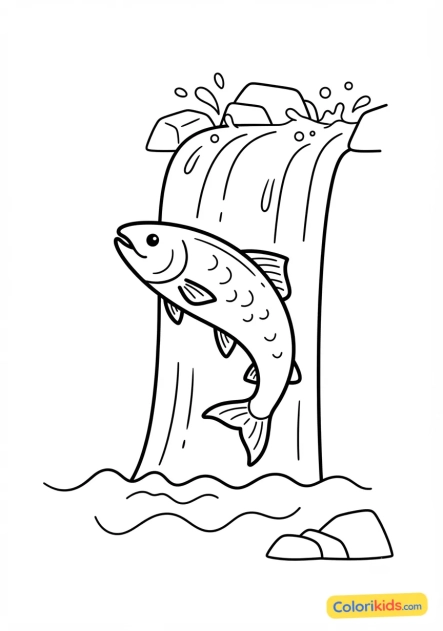 Coloriage à imprimer : saumon courageux sautant une cascade