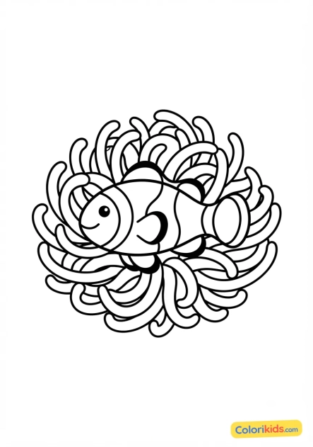 Coloriage à imprimer : poisson-clown caché dans une anémone de mer