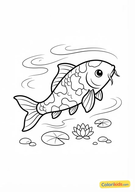 Coloriage à imprimer : carpe koï colorée nageant dans un bassin
