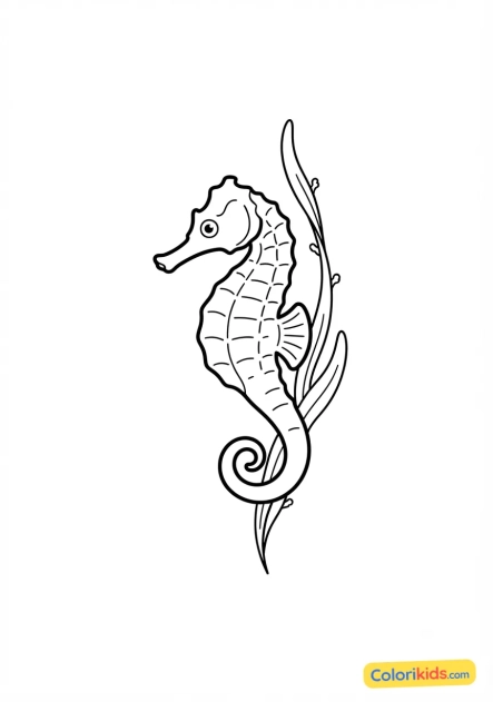 Coloriage à imprimer : hippocampe délicat accroché à une algue