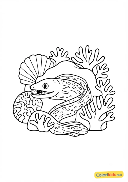 Coloriage à imprimer : murène mystérieuse cachée dans un recoin de corail