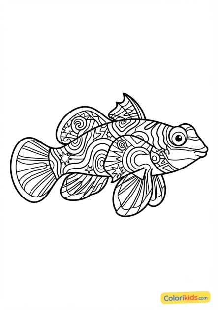 Coloriage à imprimer : poisson-mandarin aux motifs psychédéliques