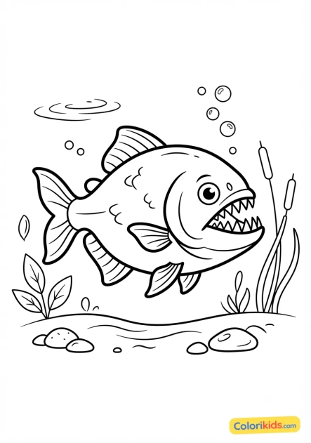 Coloriage à imprimer : piranha aux dents acérées dans une rivière