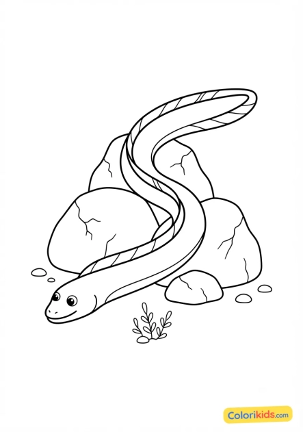 Printable coloring page: sinuous eel slipping between rocks