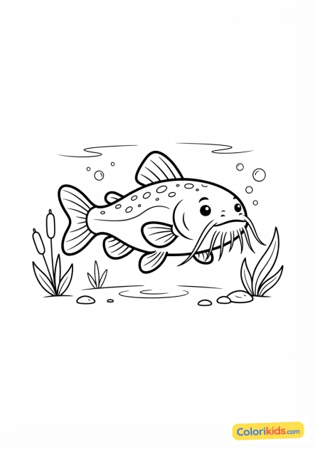 Coloriage à imprimer : poisson-chat moustachu dans l'eau douce