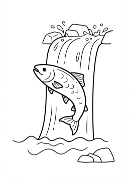 Voir le coloriage Saumon courageux sautant une cascade