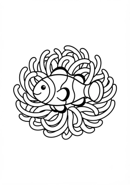 Voir le coloriage Poisson-clown caché dans une anémone de mer