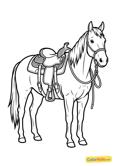 Ausmalbild zum Ausdrucken: cowboy-Pferd mit Westernsattel