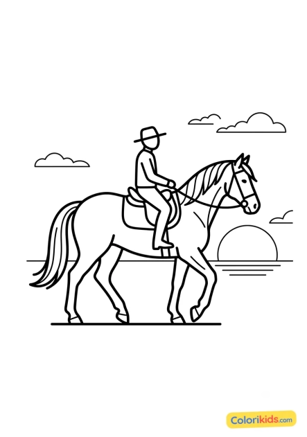 Dibujo para colorear para imprimir: caballo y jinete al atardecer