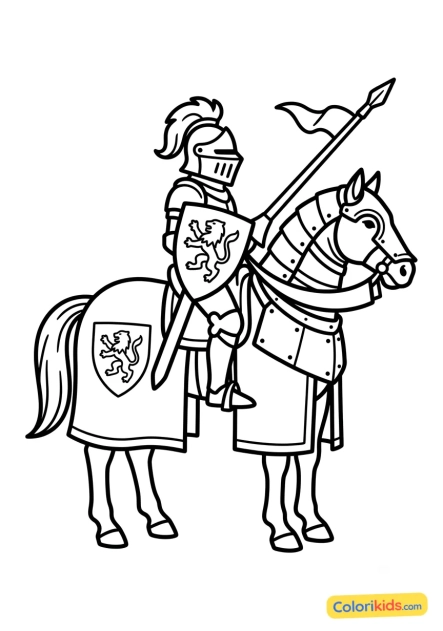 Ausmalbild zum Ausdrucken: pferd als mittelalterlicher Ritter verkleidet