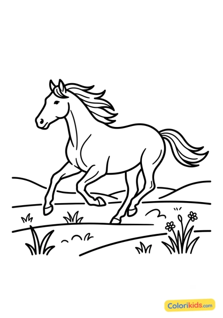 Dibujo para colorear para imprimir: caballo galopando en una pradera