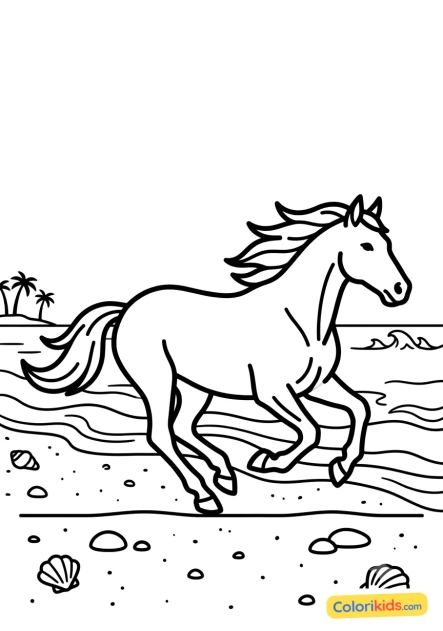Dibujo para colorear para imprimir: caballo galopando en la playa