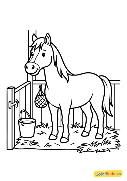 Ausmalbild zum Ausdrucken: pferd in seiner komfortablen Box