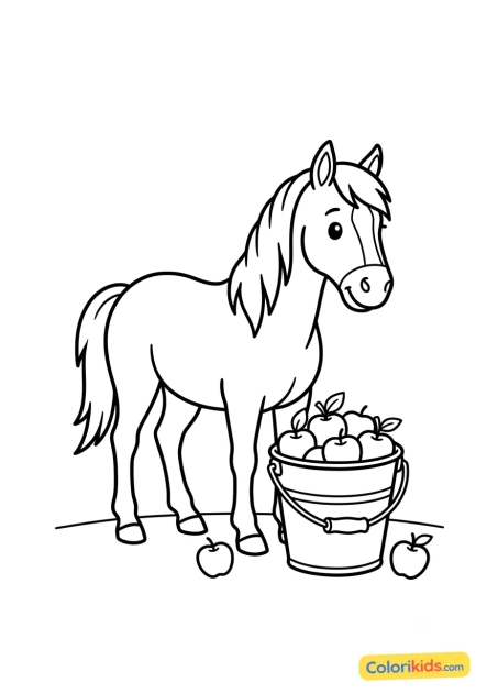Desenho para colorir para imprimir: cavalo com maçãs em um balde