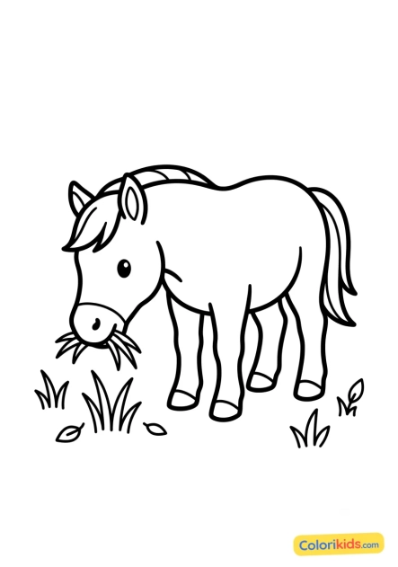 Ausmalbild zum Ausdrucken: pony weidet frisches Gras