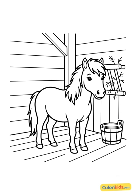 Ausmalbild zum Ausdrucken: pony in einem rustikalen Stall