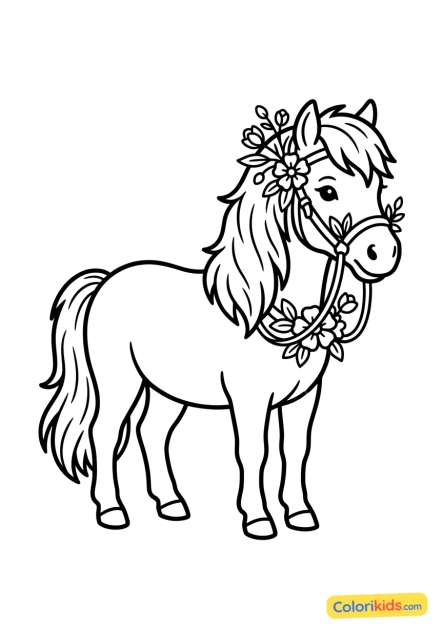 Ausmalbild zum Ausdrucken: pony mit hübschem Blümchen-Halfter