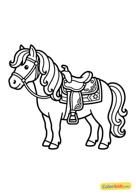 Ausmalbild zum Ausdrucken: shetlandpony mit einem bunten Sattel