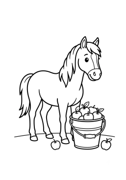 Dibujo para colorear Caballo con manzanas en un cubo