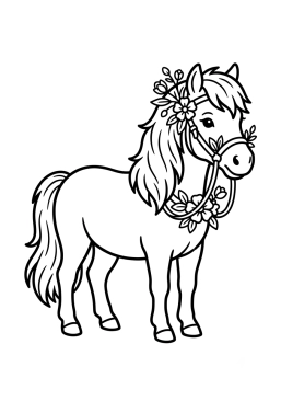 Dibujo para colorear Poni con una bonita brida florida