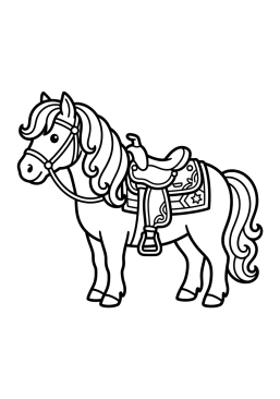 Dibujo para colorear Poni Shetland con una silla de montar colorida