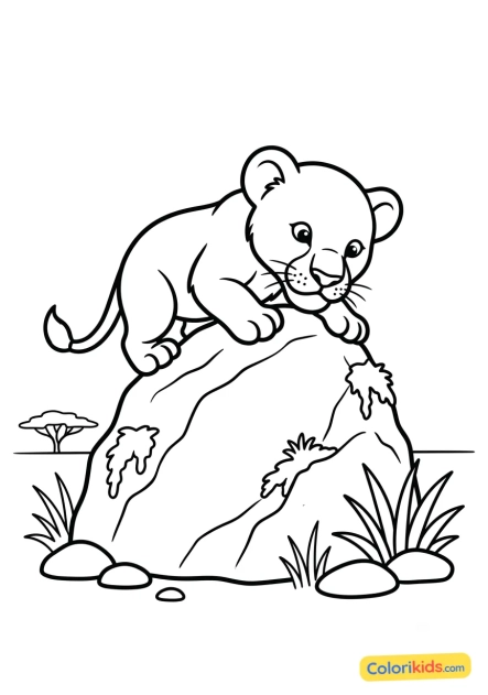 Dibujo para colorear para imprimir: cachorro de león explorando una roca