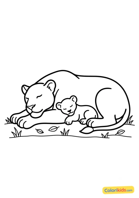 Dibujo para colorear para imprimir: cachorro de león durmiendo la siesta contra su mamá