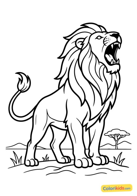 Dibujo para colorear para imprimir: león rugiendo con orgullo en la sabana