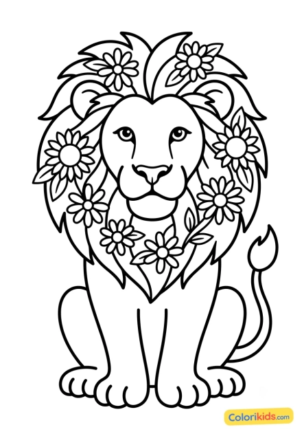 Ausmalbild zum Ausdrucken: löwe mit Blumen in der Mähne