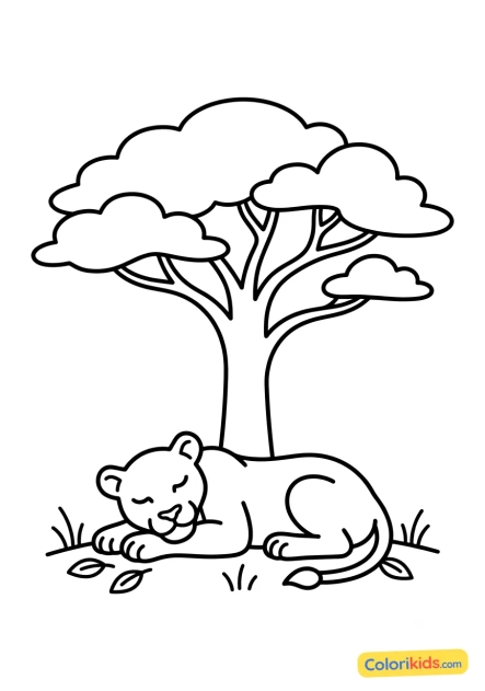 Ausmalbild zum Ausdrucken: löwin ruht sich unter einem Baum aus