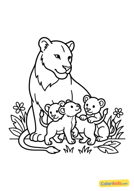 Desenho para colorir para imprimir: leoa com seus dois filhotes