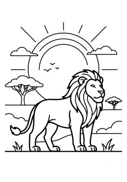 Dibujo para colorear León al atardecer en la sabana