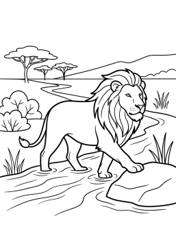 Dibujo para colorear León cruzando un pequeño río