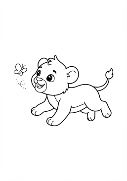Dibujo para colorear Cachorro de león persiguiendo un pequeño insecto