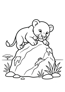 Dibujo para colorear Cachorro de león explorando una roca