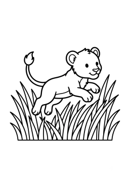Dibujo para colorear Cachorro de león saltando en la hierba alta