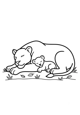 Dibujo para colorear Cachorro de león durmiendo la siesta contra su mamá