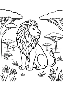 Dibujo para colorear León en un paisaje con acacias