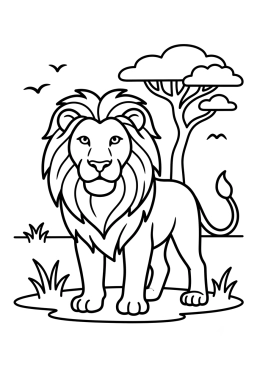 Dibujo para colorear León en una escena de sabana con pájaros