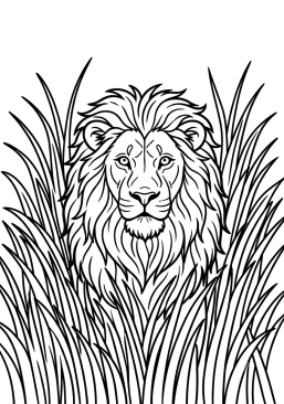 Dibujo para colorear León en medio de la hierba alta