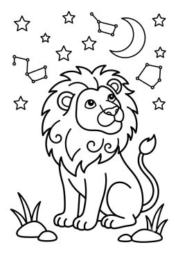 Dibujo para colorear León bajo un cielo estrellado