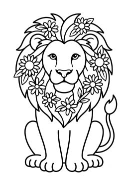 Dibujo para colorear León con flores en la melena