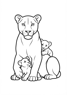 Dibujo para colorear Leona protegiendo a sus cachorros