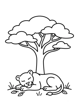 Dibujo para colorear Leona descansando bajo un árbol