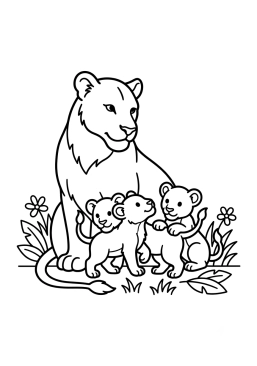 Dibujo para colorear Leona con sus dos cachorros