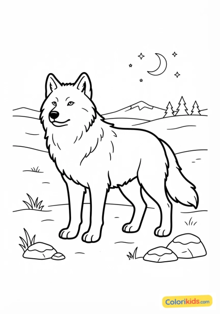 Coloriage à imprimer : loup arctique dans la toundra glacée