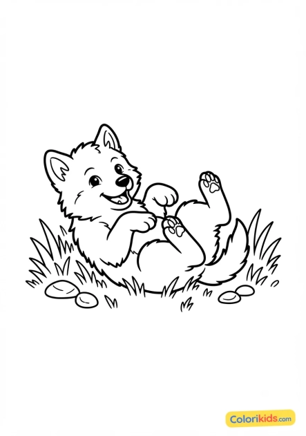 Coloriage à imprimer : bébé louveteau jouant dans l'herbe