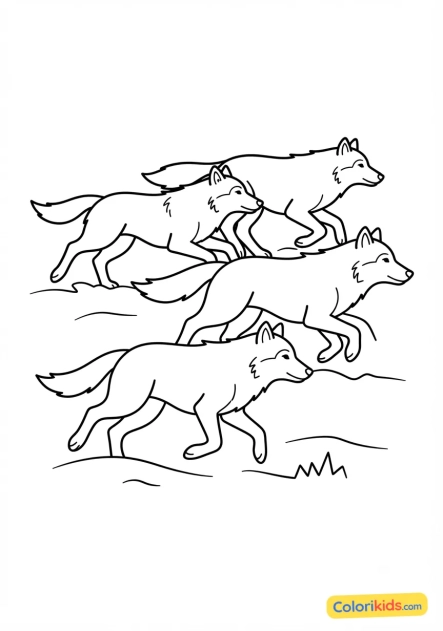 Coloriage à imprimer : meute de loups courant dans la neige