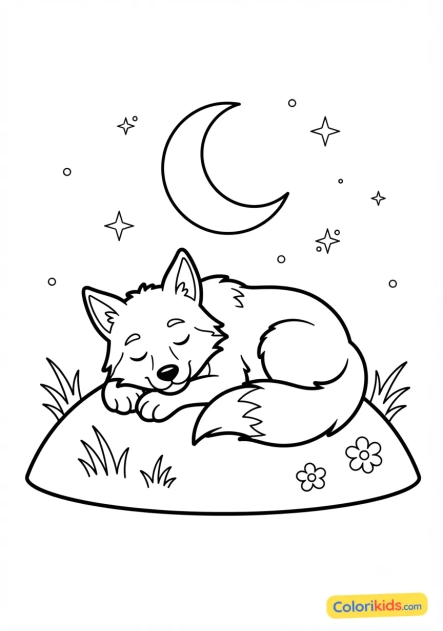 Coloriage à imprimer : loup endormi sous la lune