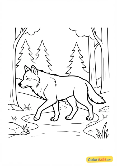 Ausmalbild zum Ausdrucken: einsamer Wolf geht im Wald